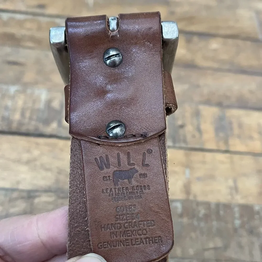 Will Belt Men's 34 Hand Crafted Genuine Leather Belt Brown Silver Buckle Mexico
